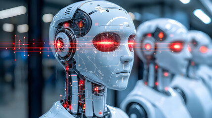 Poster - Futuristic robots with glowing red eyes. This image could be used for sci-fi concepts AI development or technology articles about the future.