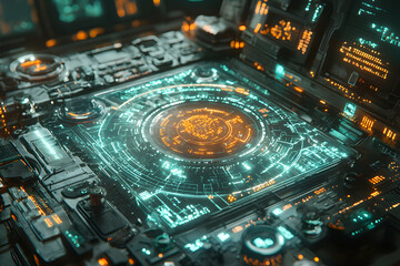 Poster - Futuristic control panel with glowing circuits and digital displays. Suggests data analysis or a high-tech operating system for advanced technology.