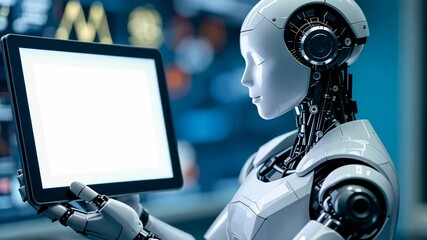 Poster - Futuristic ai robot analyzing data on digital tablet in hightech environment