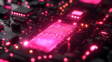Poster - A detailed close-up of a glowing pink circuit board showcasing technology's complexity. Ideal for tech-related websites presentations or futuristic art designs