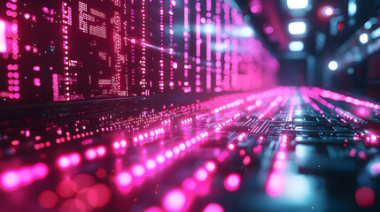 Poster - Abstract futuristic image of data streams and circuitry emitting neon pink light. It suggests a digital network or processing environment and could be applied to tech presentations.