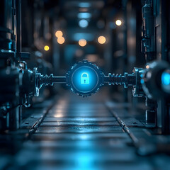 Poster - Cybersecurity concept with a glowing lock symbolizing secure data transmission. Suitable for representing digital security network protection or encryption needs.