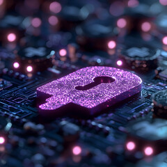 Poster - A glowing purple keyhole icon embedded in a circuit board signifying digital security data protection and network safety. It is perfect for cybersecurity applications.