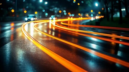 Poster - Dynamic night traffic: streaks of light and speed on rainsoaked city streets