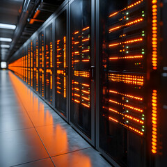 Poster - A data center with server racks glowing orange lights. This image suggests applications in data storage cloud computing and network infrastructure.