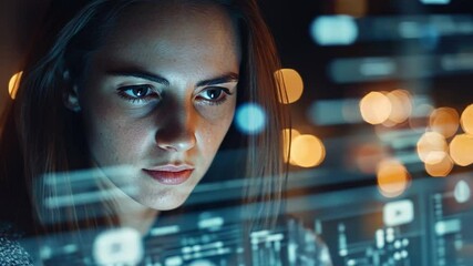 Poster - Code Decoding: A focused woman is immersed in a sea of digital code. The soft glow of the display illuminates her determined expression.