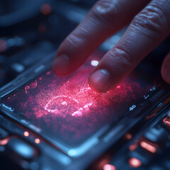 Poster - A hand interacts with a glowing screen displaying data points. Possibly a control panel. Excellent for tech presentations or sci-fi content.