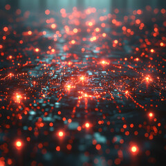 Poster - An abstract image featuring a futuristic city made of red glowing lights and complex structures. It could be used for technology presentations or science fiction art.