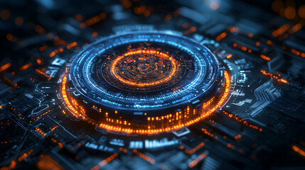 Poster - Futuristic digital circuit board illustration featuring concentric circles and glowing lights. This graphic is suitable for tech websites or presentations related to data.