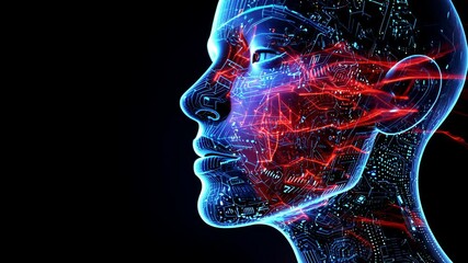 Fototapete - Digital transformation: futuristic human head with dynamic neural network visualization