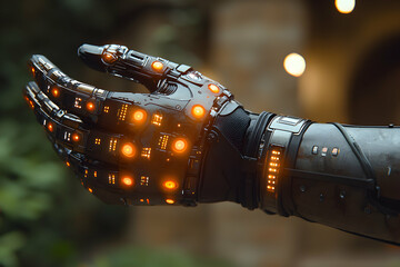 Poster - A futuristic robotic hand with glowing orange lights. Imagine this for advanced prosthetics or augmented reality interface applications.