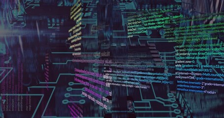 Poster - Colorful programming code and digital data processing animation over dark background