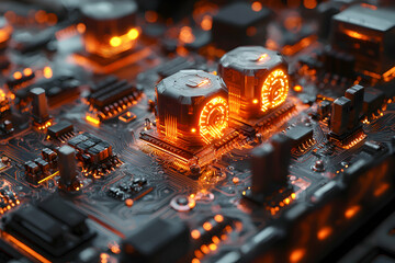 Poster - A detailed close-up of a glowing circuit board with orange lights suggesting advanced technology. Use it for tech presentations or futuristic artwork.