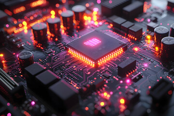 Poster - A close-up view of a glowing circuit board showcases intricate electronic components. The image evokes a sense of technological complexity and innovation suitable for tech presentations or website bac