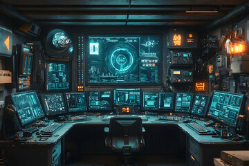 Poster - A futuristic control room filled with screens and technology. This could be used for sci-fi movies or video games to create immersive environments.
