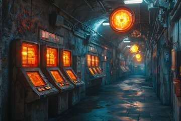 Poster - A dark sci-fi corridor with glowing orange panels and circular lights. Perfect for a game environment or a cyberpunk-themed visual novel.