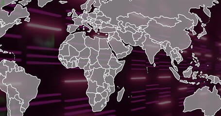 Poster - Glowing purple lines on world map animation representing data connections