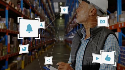 Poster - In warehouse, man interacting with animation of digital icons and network connections