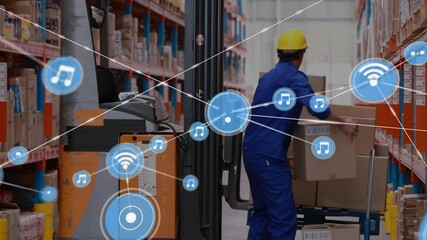 Poster - Moving boxes in warehouse, worker with digital network and animation music icons
