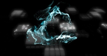Poster - Animation of digital particles forming abstract shape over binary code and circuit patterns