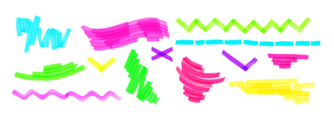 Poster - Highlight marker lines set isolated on white background. Vector realistic illustration of color felt pen marks, doodle wave, check, zigzag, cross strokes, bright scribbles for school banner design