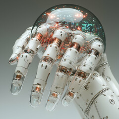 Poster - An intricate robotic hand holds a glass sphere filled with complex circuitry suggesting advanced technology. Ideal for sci-fi concept art game assets.