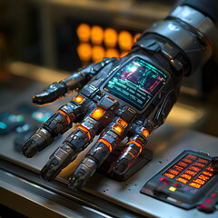 Poster - A futuristic robotic hand with a screen display. Suitable for medical or industrial applications providing data analysis and control.