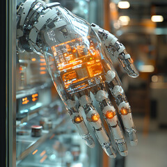 Poster - A futuristic transparent robotic hand displays data. Possible use in advanced automation processes or medical imaging. Captivating blend of technology and design.