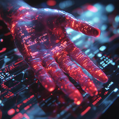 Poster - A futuristic hand glows with data streams. It could represent digital connection or a tech-integrated human. Use it for cyber visuals or tech promotions.