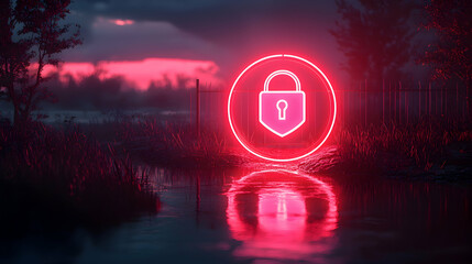 Poster - A glowing padlock sign is reflected in water in a surreal red and blue landscape. This image is suitable for cybersecurity advertising or privacy-focused websites