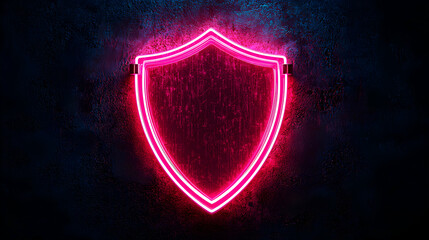 Poster - Neon shield on a textured wall. Symbolizes protection security and digital safety. Ideal for cybersecurity website designs or tech presentations.
