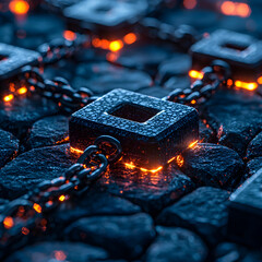 Poster - Abstract art depicting interconnected glowing chains and blocks. Could represent data security blockchain technology or a digital network. Ideal for tech presentations or website backgrounds.