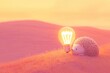 © Sena - A cute hedgehog encounters a glowing lightbulb in a serene sunset landscape.