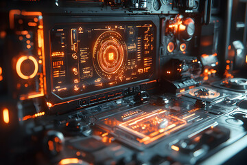 Poster - A futuristic cockpit interface with glowing orange elements. It would be great for a sci-fi game or film set design. Its depth and details add to the immersion.