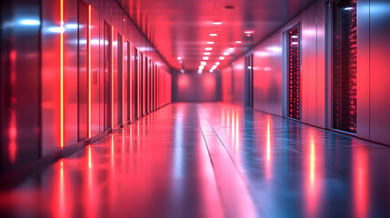 Poster - Futuristic data center corridor bathed in red light. Suggests high-tech servers and digital infrastructure. Ideal for visualizing complex information or sci-fi settings.
