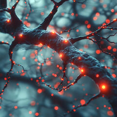 Poster - An artistic representation of neural networks showcasing glowing nodes. This image is ideal for educational materials related to the brain or technology.