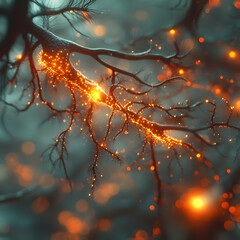 Poster - Neural network illustration showcasing a glowing energy flow. Great for educational materials or science fiction backgrounds. Visualize complex data concepts.