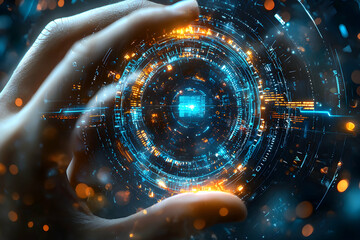 Poster - A hand cradles a glowing digital sphere. This imagery could represent data access technological innovation and the future's potential applications.