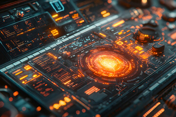 Poster - A futuristic control panel glows with intricate circuits and a central energy core. Perfect for science fiction interfaces or advanced technology concepts.
