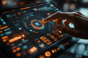 Poster - A futuristic interface glows under a finger. The data display could be used in space exploration or advanced medical applications. Analyze vital information with precision and speed.