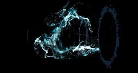 Poster - animation of digital particles forming dynamic shape on black background