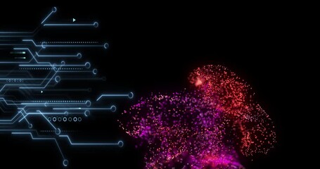 Poster - Animation of digital particles forming abstract shape with circuit lines on black background