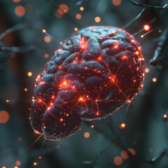 Poster - Glowing brain with neural connections. Ideal for neuroscience research presentations or educational materials exploring cognitive processes or artificial intelligence.