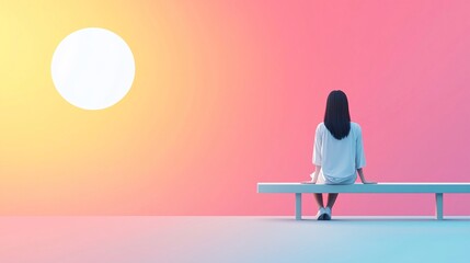 Poster - 1980 anime, illustration city pop anime young woman sitting on a bench overlooking a peaceful pond, 