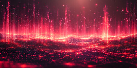 Poster - Bright red abstract light waves glow in a colorful night sky
