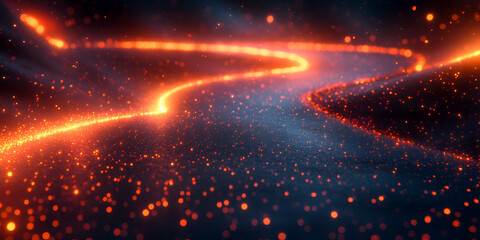 Poster - Bright red abstract light waves glow in a colorful night sky