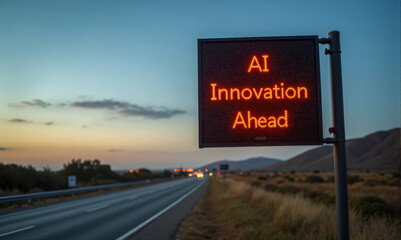 Poster - Highway electronic sign displaying AI innovation ahead message against clear blue sky. Concept of artificial intelligence development, automation, data processing, smart future