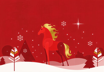 Poster - Red fire horse symbol of new year, holiday illustration postcard . Generative AI