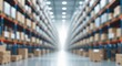 © GenZGraphics - Blurred background of a large indoor warehouse featuring high racks and stored products for supply chain procurement operation logistic process e-commerce distribution channel value chain concept.