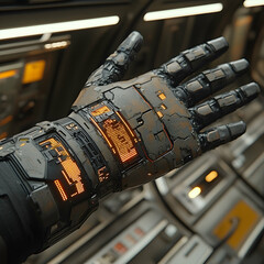 Poster - Cybernetic hand displays data. Use it in futuristic sci-fi settings as an interface device or prosthetic showing complex information. 